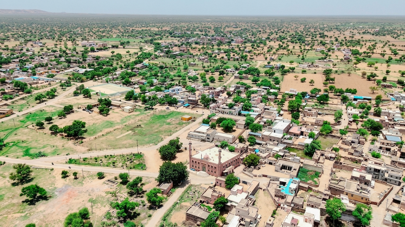 Sherani Abad — Jama Masjid aerial view with surrounding village