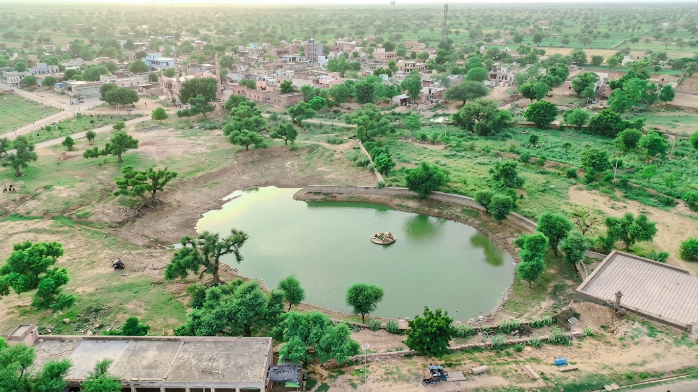 Sherani Abad — the village pond surrounded by green trees