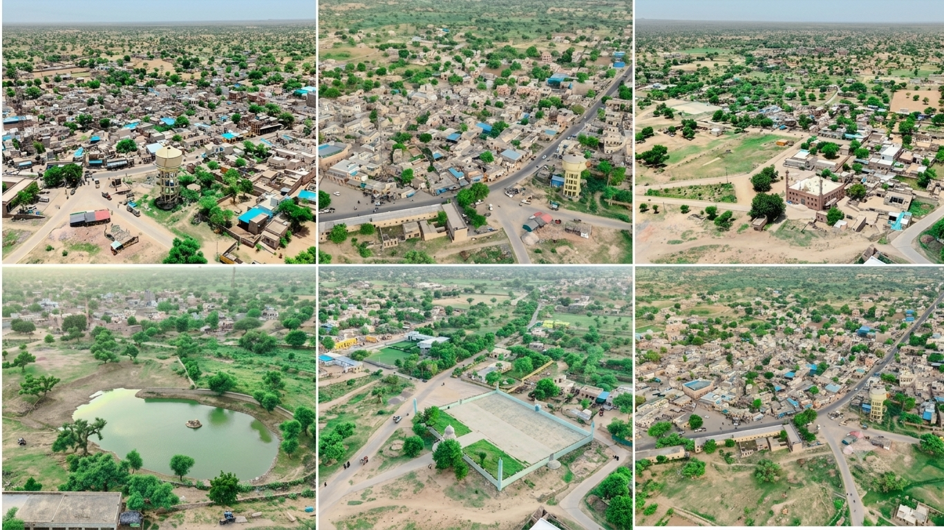 Sherani Abad — collage of village views including pond and mosque